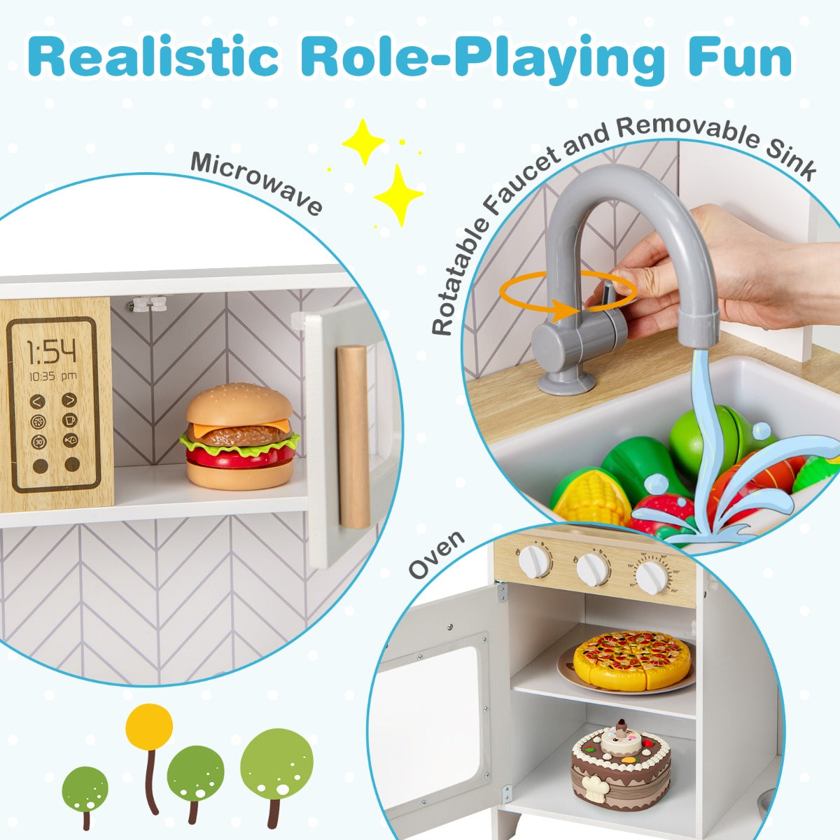 Close up of the microwave, sink and oven details