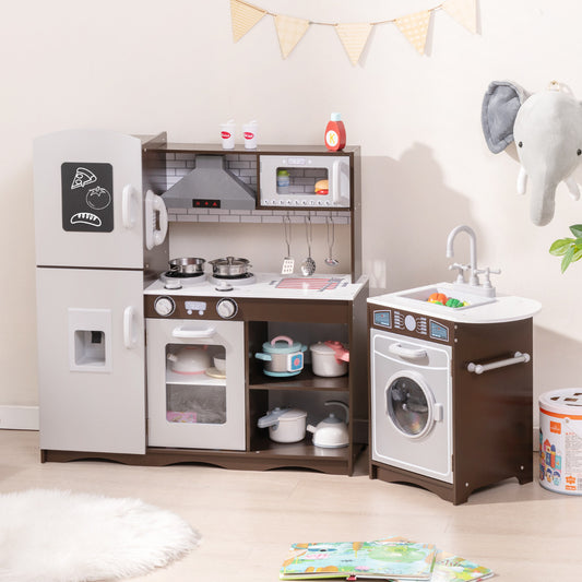 The play kitchen set with fridge, oven, hob, microwave and washing machine in a room with decorations