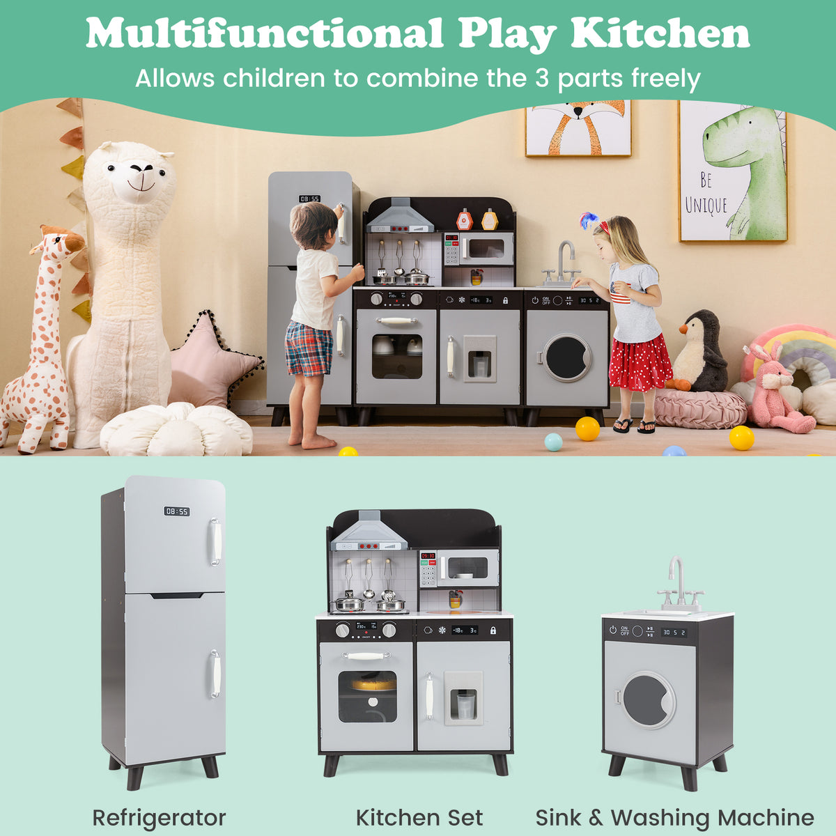 The brown toy kitchen set with refrigerator and washing machine shown as three separate parts