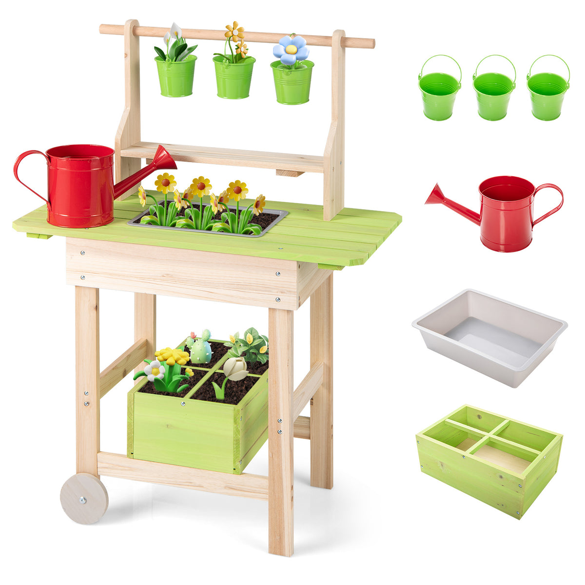 The play kitchen set shown with its removable pots, watering can, tray and storage box separately
