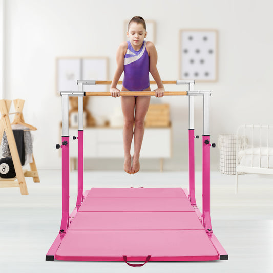 Young girl practising on the pink gymnastics bar in a bright room