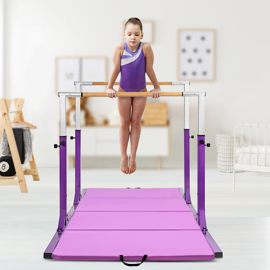 Young girl training on the purple kids parallel gymnastics bar with mat