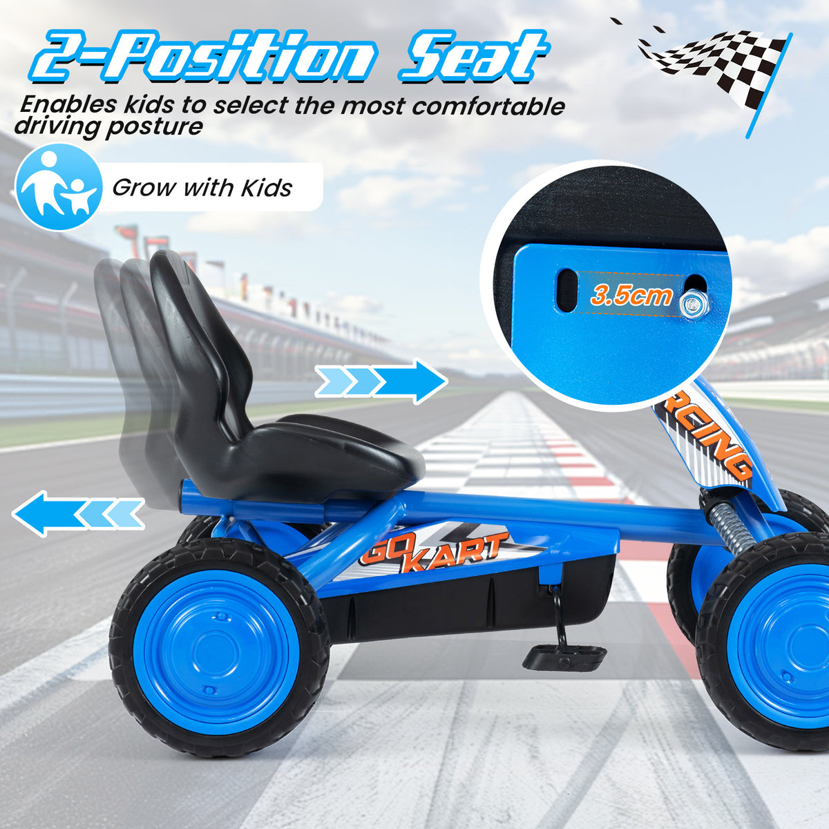 The pedal ride on toy highlighting the adjustable seat position with a close up of the bolt