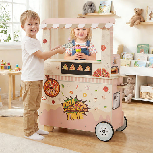 Boy handing money to girl in the pink pizza food truck play kitchen set