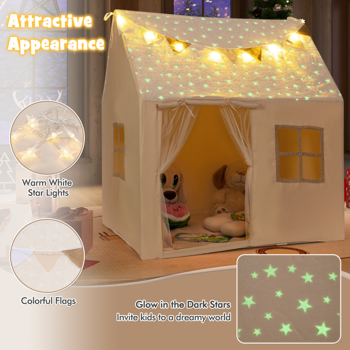 The beige fabric playhouse has glow in the dark stars and colourful flags