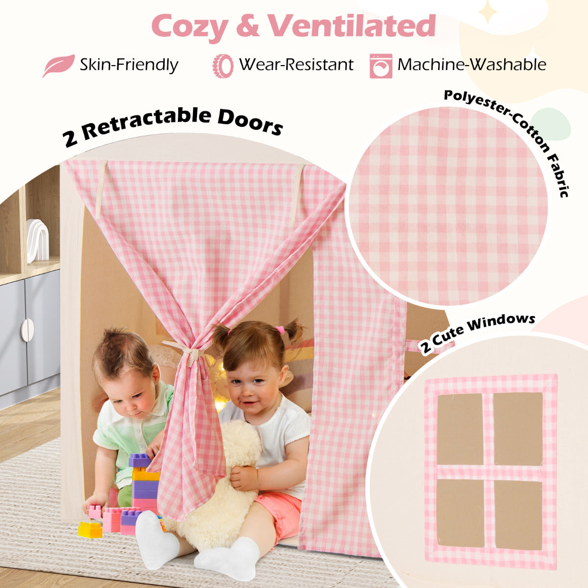 The pink play tent showing fabric texture and window design details