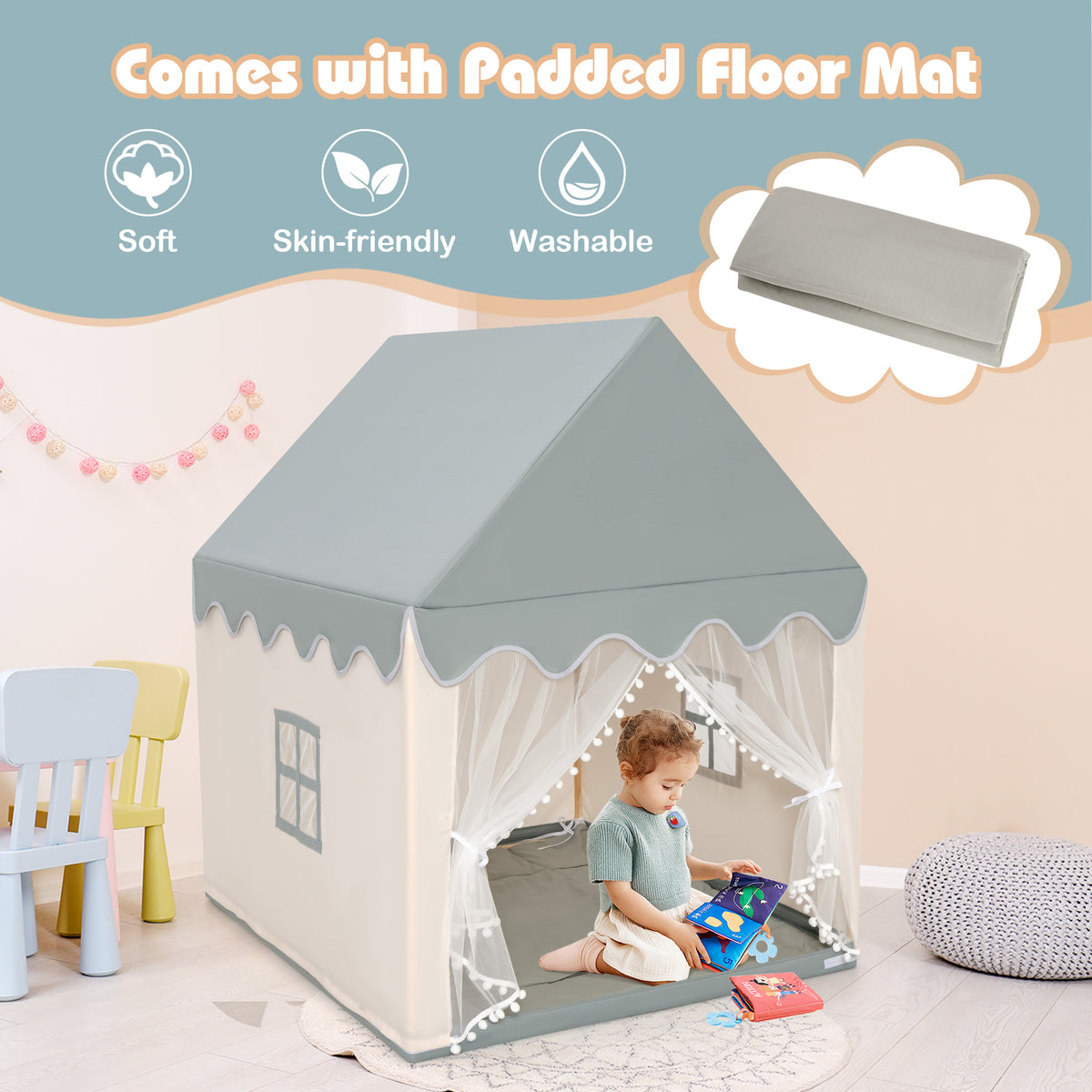 Child playing inside the beige and grey play tent which comes with a padded floor mat