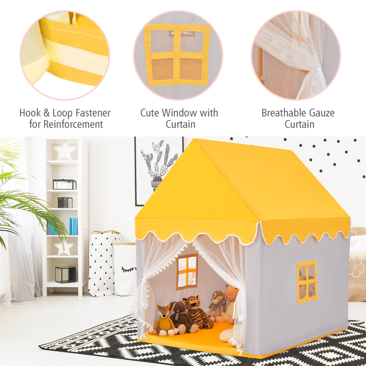 Close-up views of the play tent's features including hook and loop fastener, window, and gauze curtain