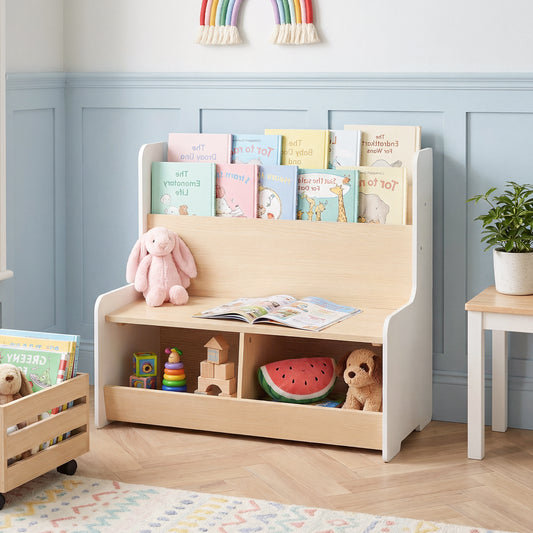 Kids storage bench with books and toys in a nursery setting