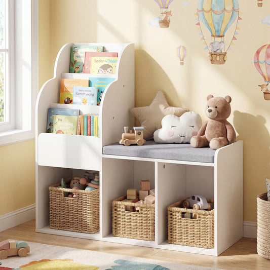 The kids storage unit with a padded bench and cubbies, shown in a nursery room