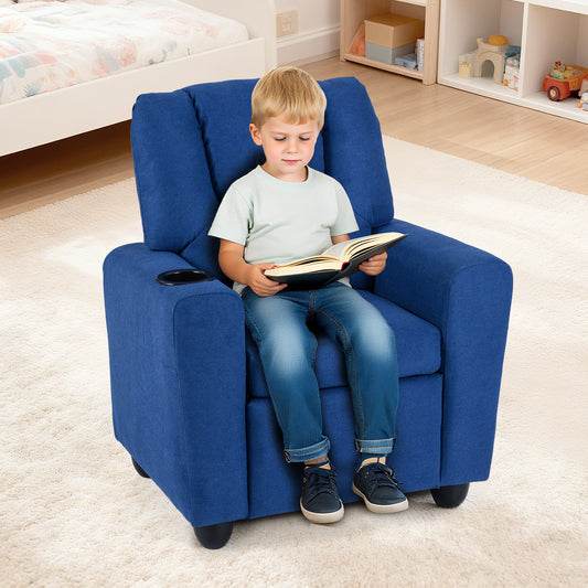 A young boy sits reading a book in a blue fabric kids recliner chair
