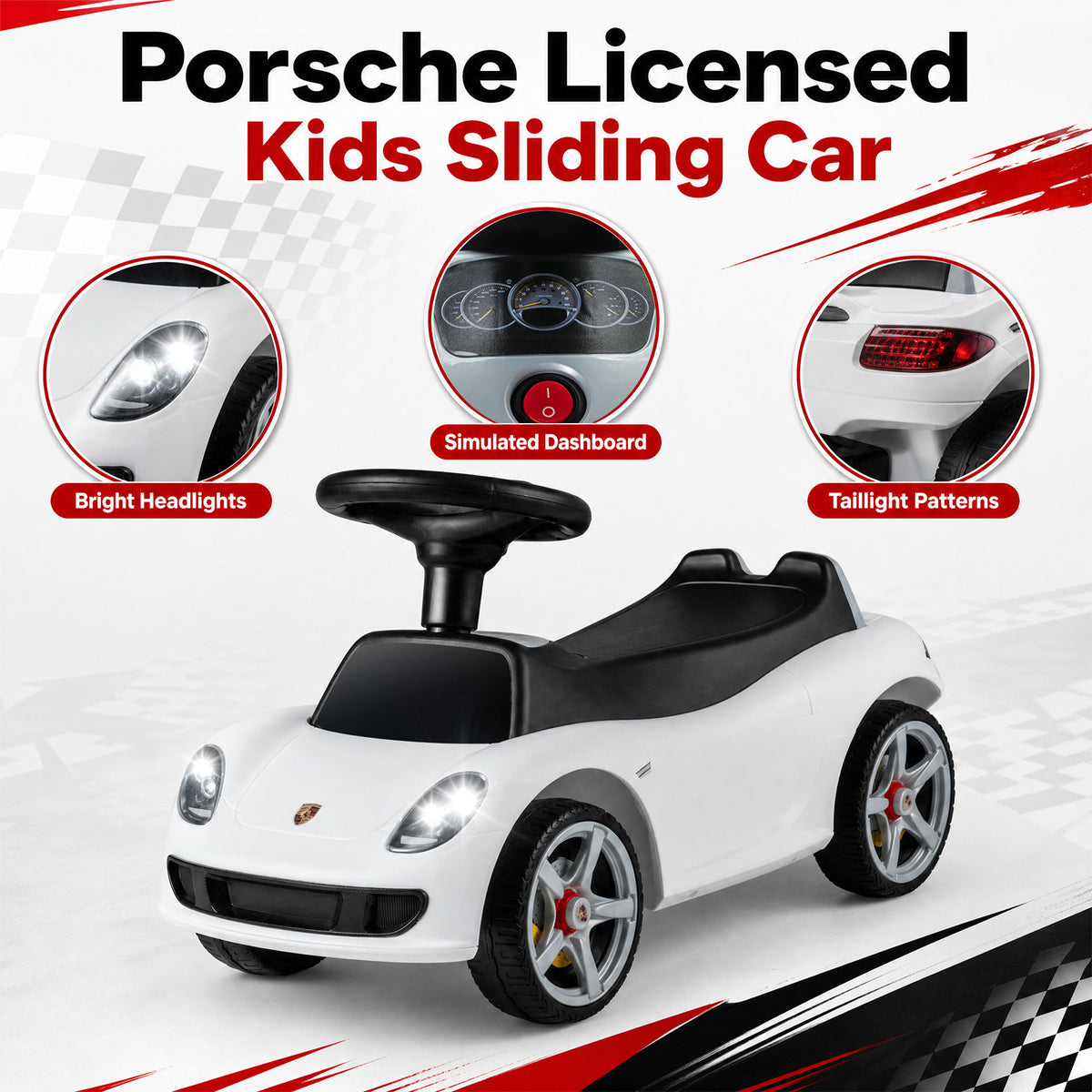 The sliding car with circular insets showing close-ups of the headlights, dashboard and lights