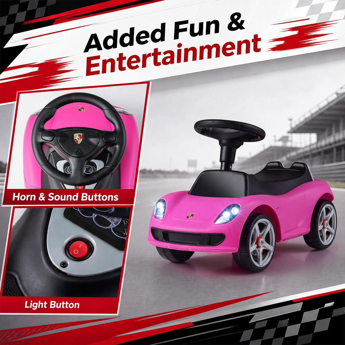 The pink sliding car with close up insets of the steering wheel buttons and light switch