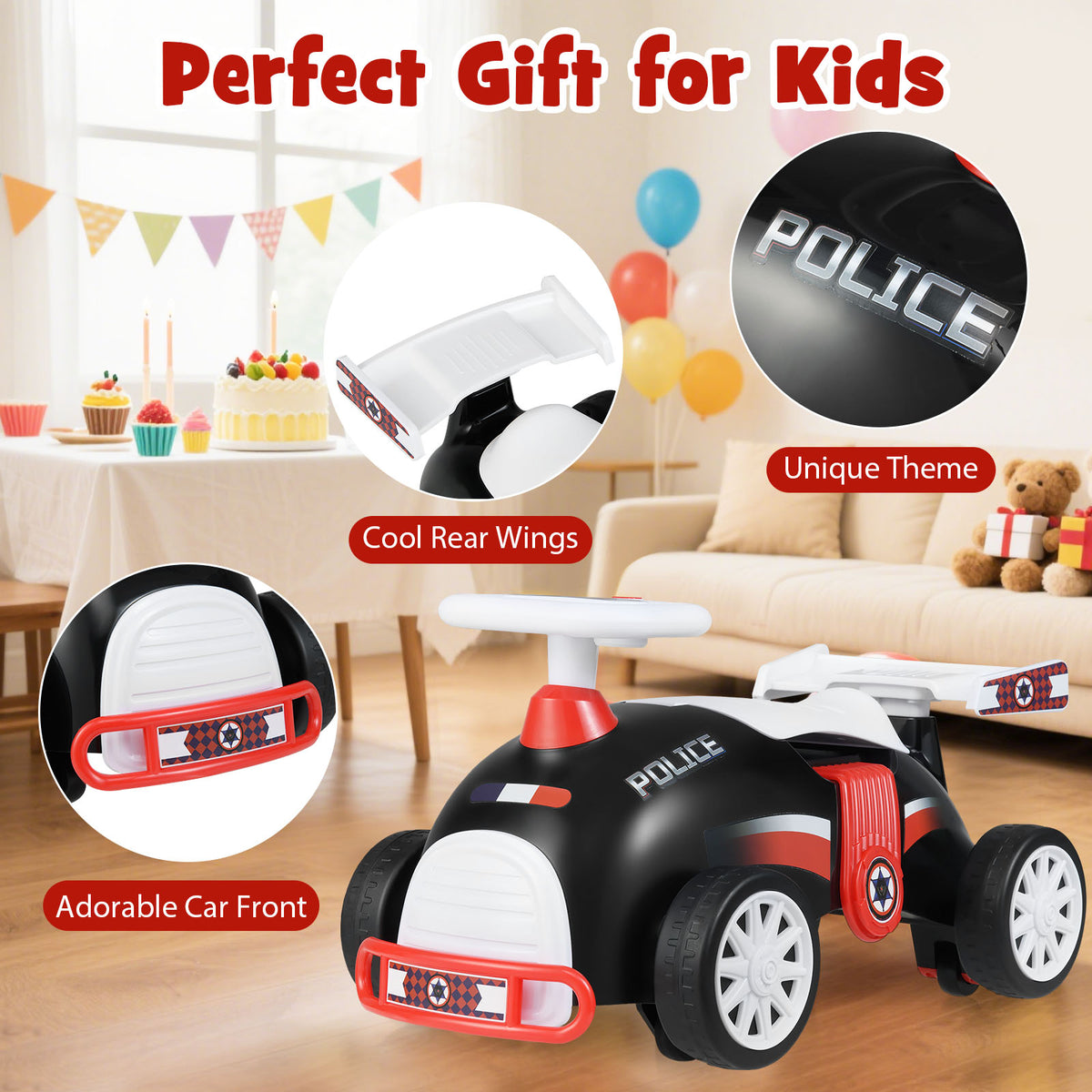 The push and pedal ride on toy with callouts for the wings and front design