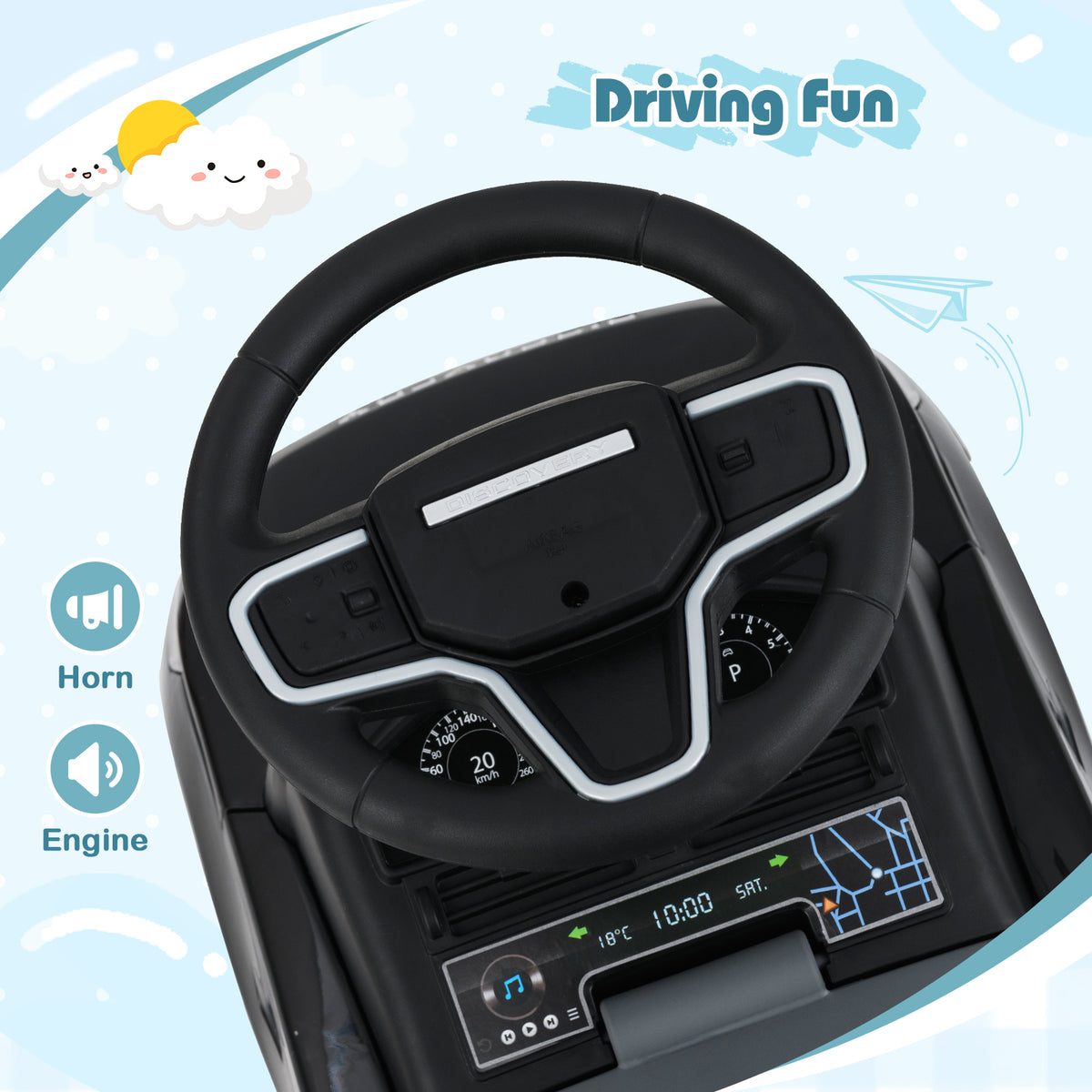 Close up of the black push and pedal ride on toy car's steering wheel with buttons and dashboard