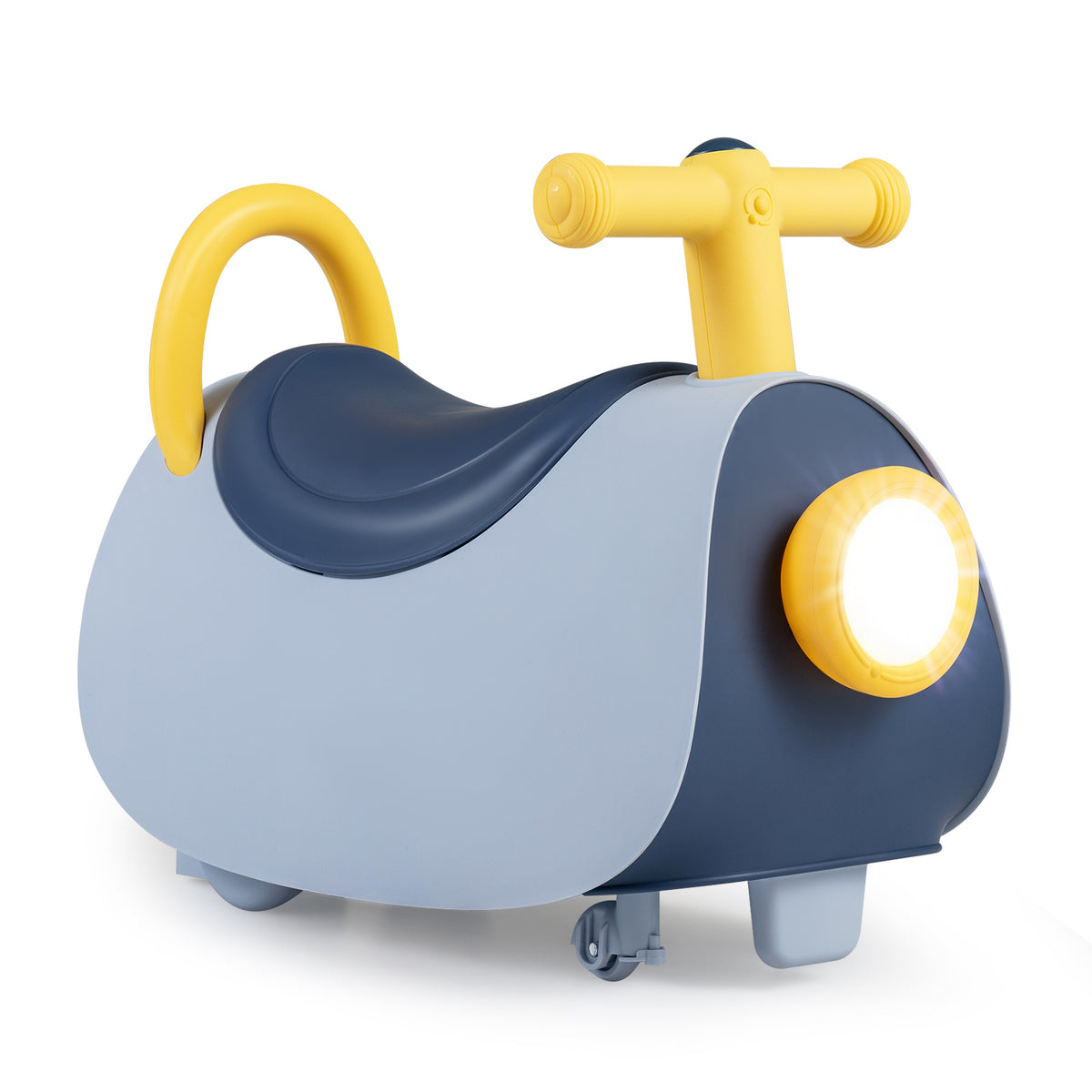 The blue and yellow push toy with its headlight switched on against a white background