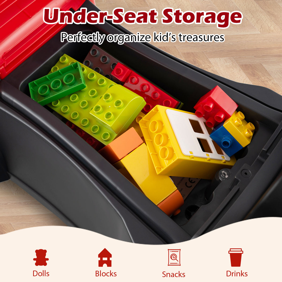 Under-seat storage compartment of the red push car filled with colourful building blocks