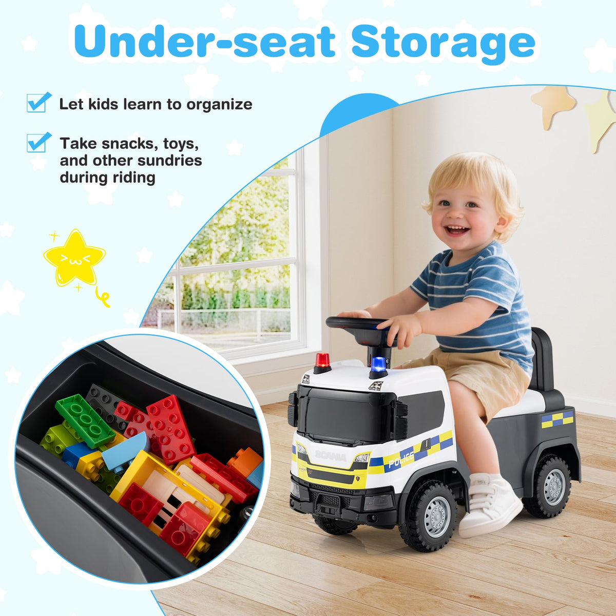 Under-seat storage of the push and pedal ride on toy filled with colourful building blocks
