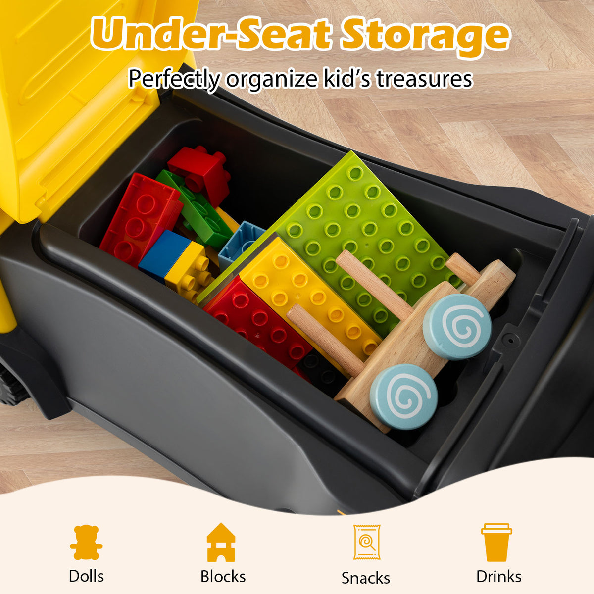 The under-seat storage compartment of the yellow push car filled with toys