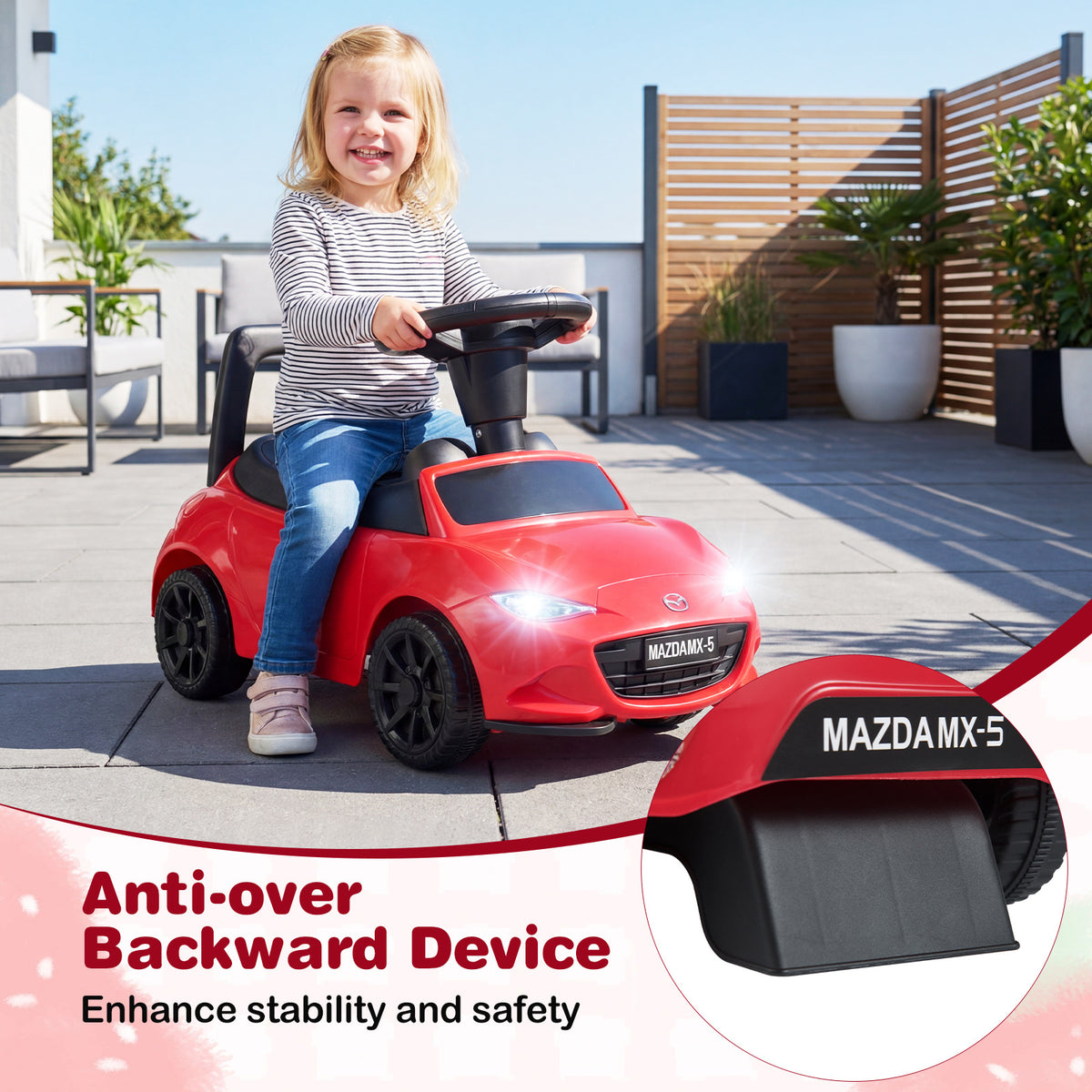 The sliding toy on a patio with an inset showing the anti-over backward safety device