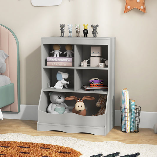 The kids storage organizer filled with toys and books in a nursery room setting