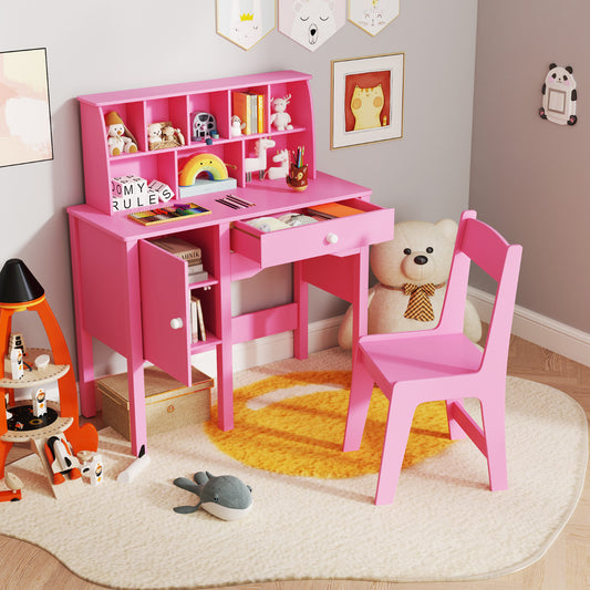 Pink kids vanity desk and chair set with hutch and storage cabinet, shown with toys and books on the shelves