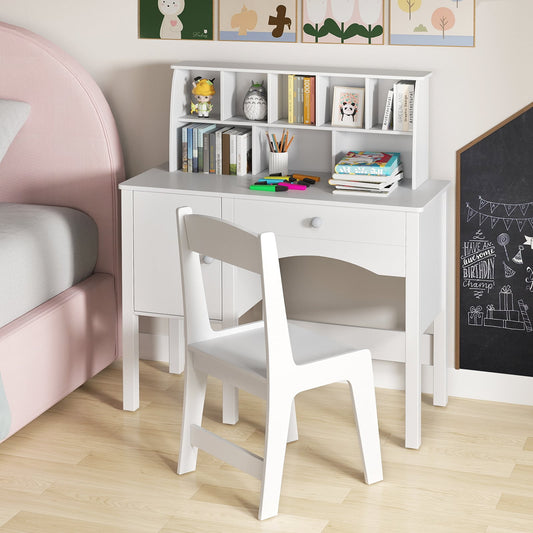 The white kids vanity set with hutch and storage cabinet shown in a child's bedroom with books and toys