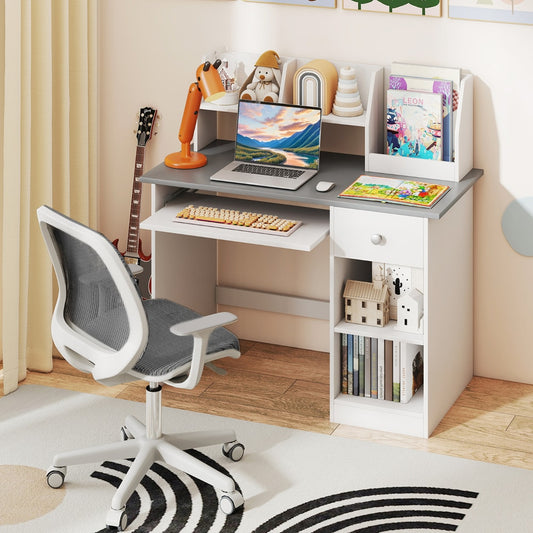 The multifunctional student desk set up with a laptop and chair in a room