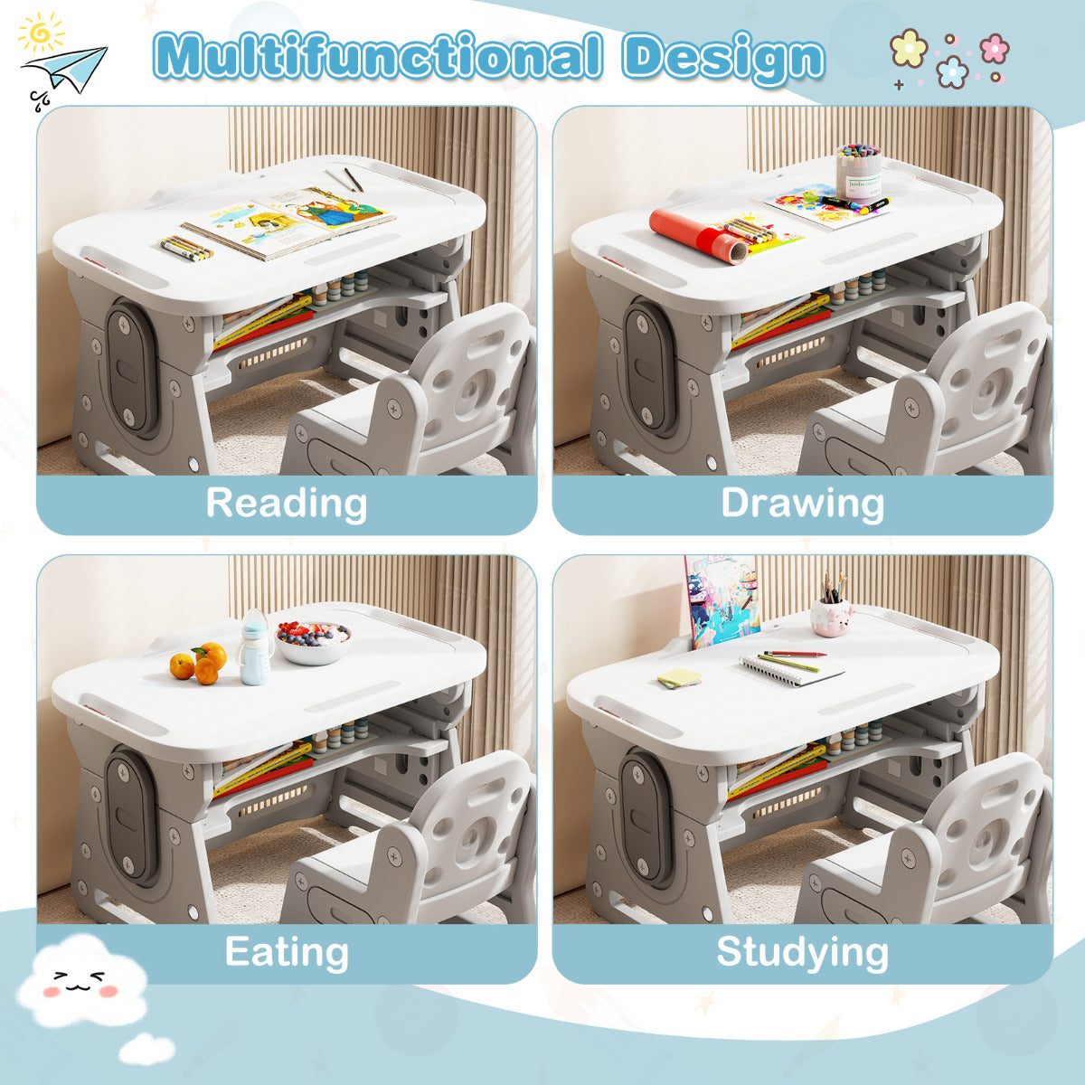 The kids table and chair set shown in four different scenarios for reading drawing and eating