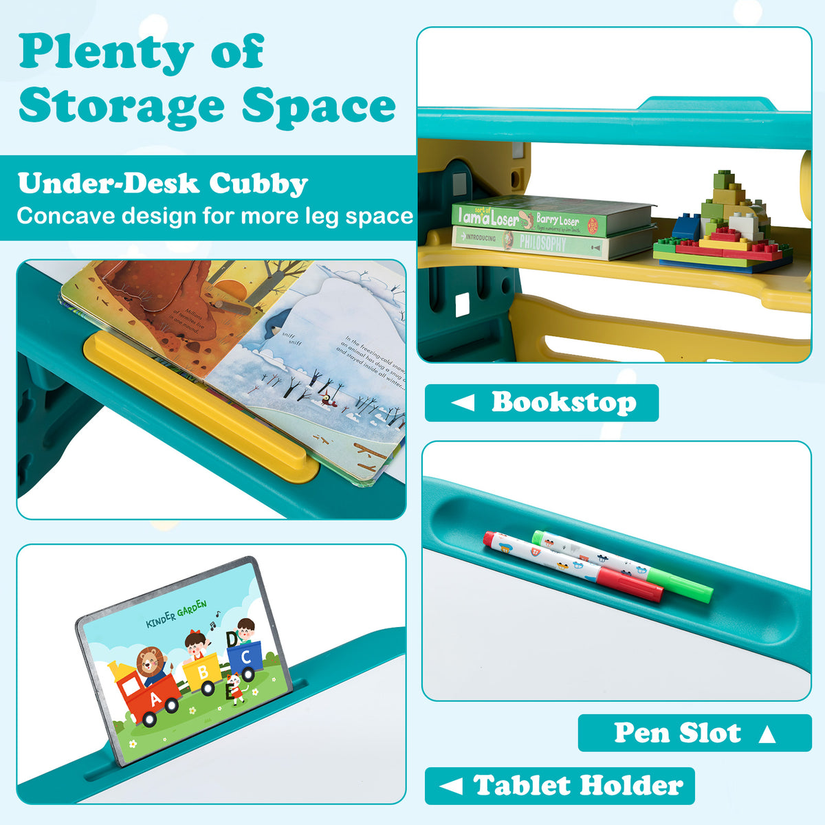 Storage cubby, bookstand and tablet holder on the kids table and chair set