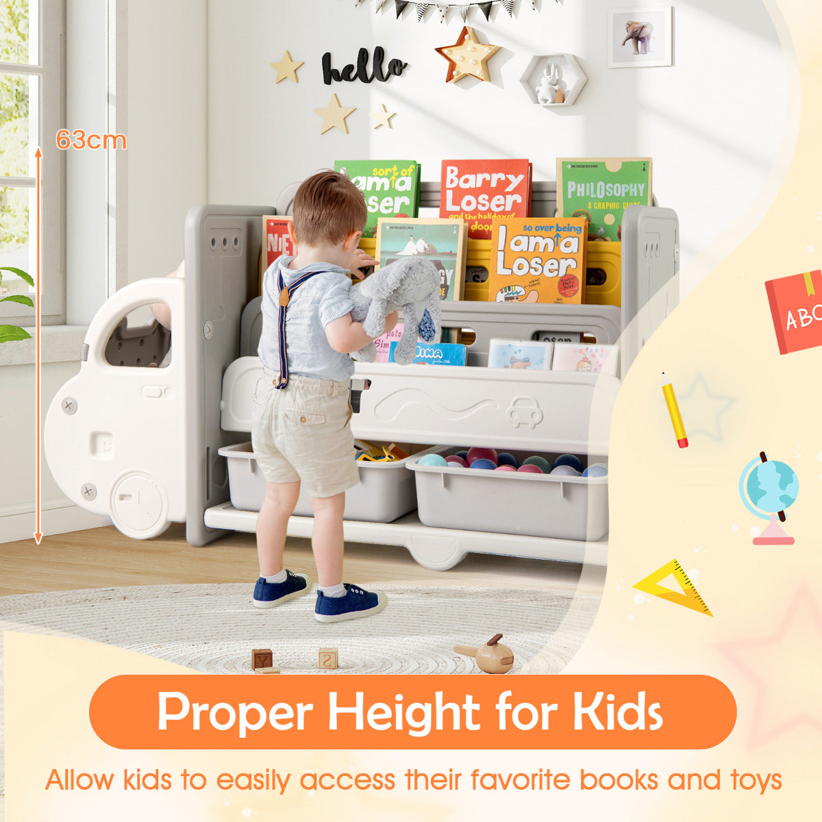 The kids storage unit at a height suitable for children