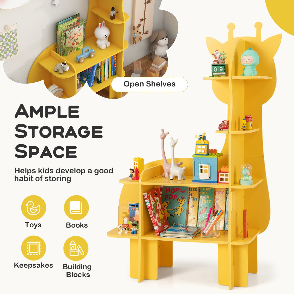 Close-up of the yellow giraffe toy storage unit highlighting its open shelves and storage capacity
