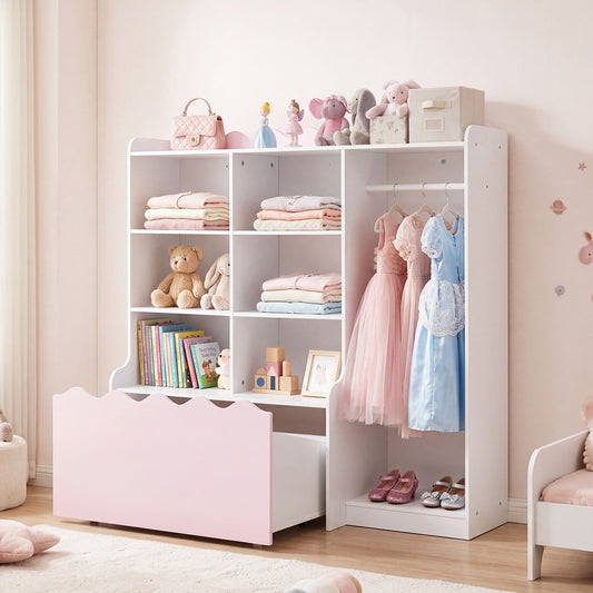 The kids storage unit is shown in a child's bedroom with dresses and toys