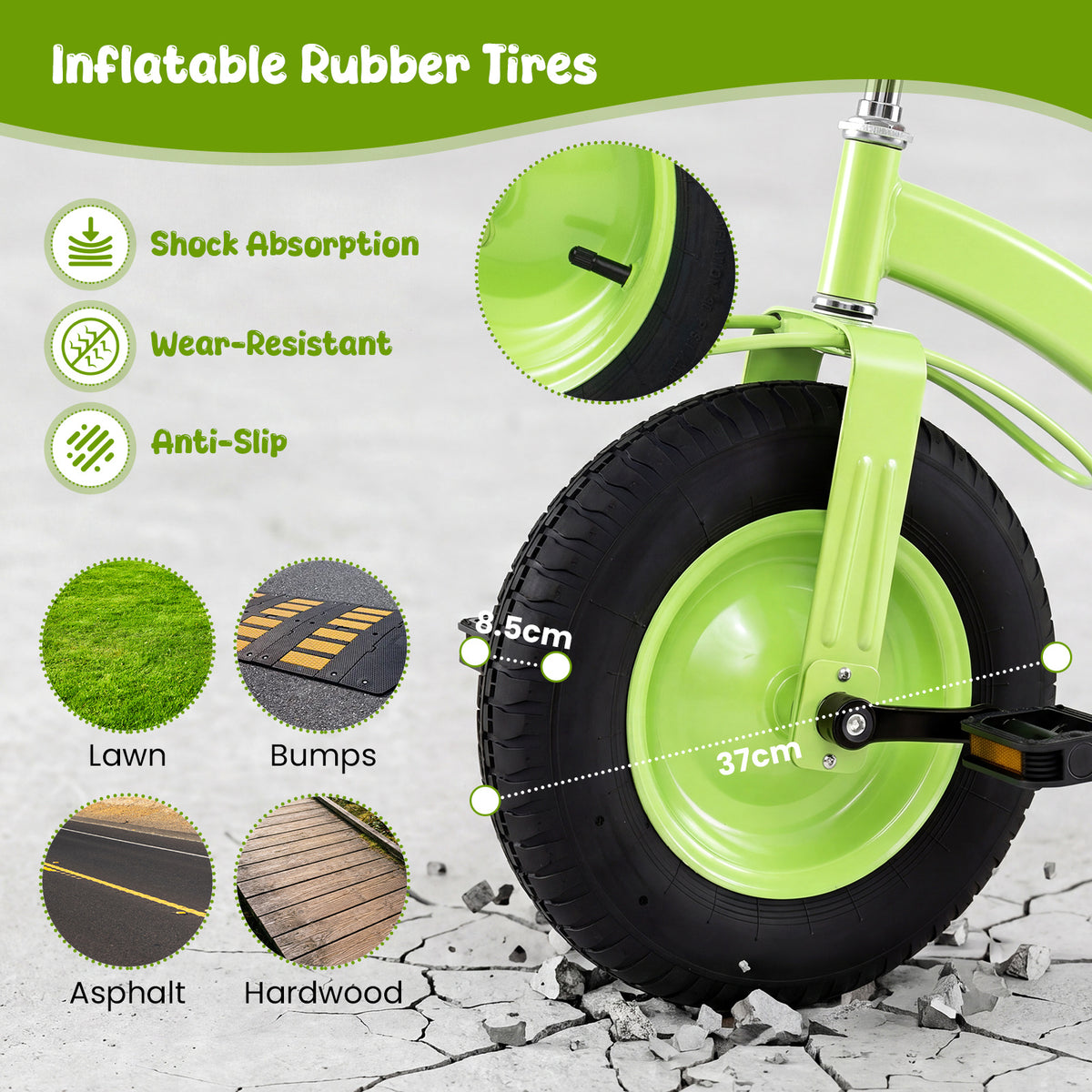 Close-up of the inflatable rubber tires on the green kids tricycle