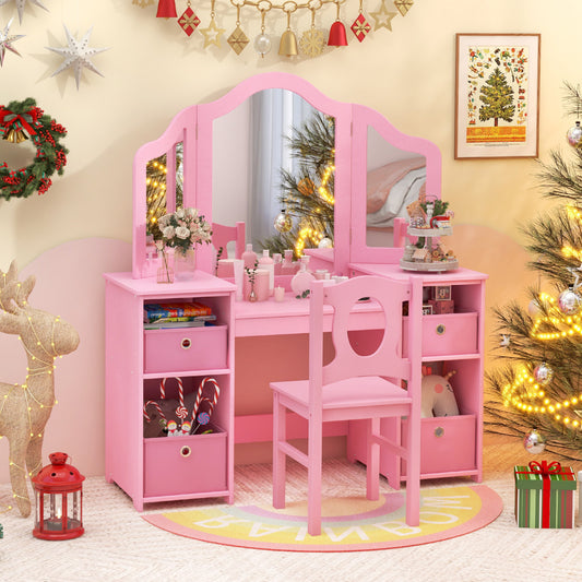 Pink vanity table and chair set for children, decorated for Christmas with a tree and reindeer