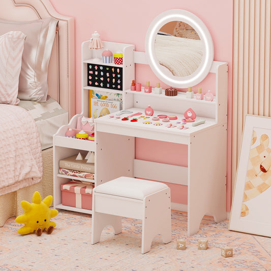 The dressing table set is shown in a child's bedroom with pretend play items