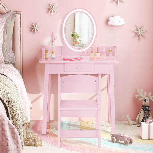 The dressing table set placed in a child bedroom with pink walls and a rainbow rug