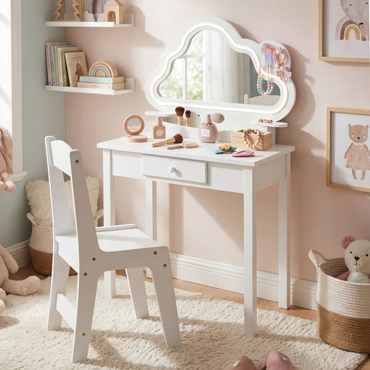 White kids vanity set with a cloud mirror and stool in a child's bedroom