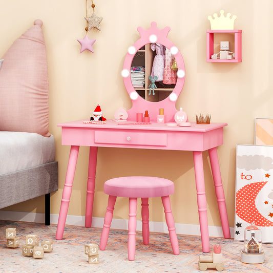 Pink kids vanity set with stool in a child's bedroom, showing storage in the mirror