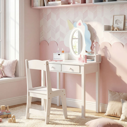 White vanity table and stool with a unicorn mirror in a child's bedroom
