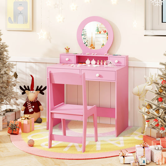 Pink kids vanity set with chair in a festive room setting