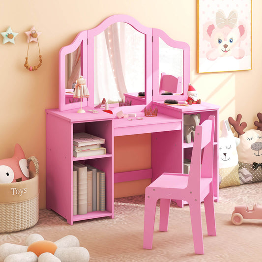 Pink children's dressing table with a tri-folding mirror and chair, set up in a child's bedroom