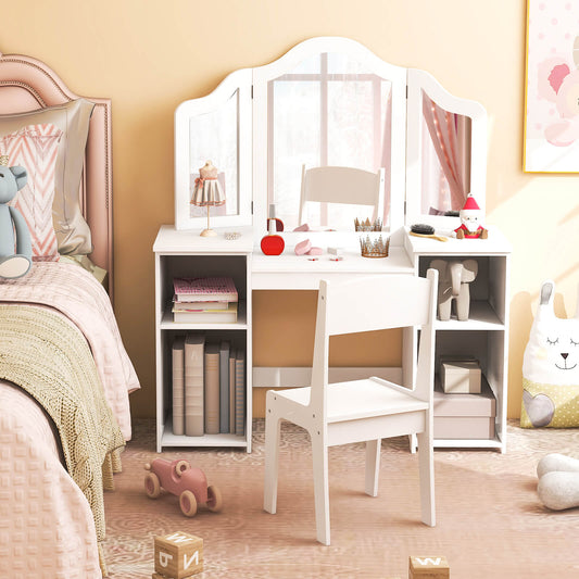 The kids vanity set in a child's bedroom, with the chair tucked in and accessories on top