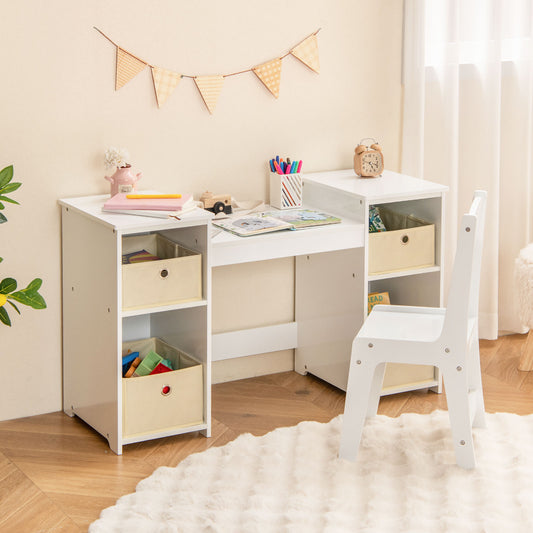The kids vanity table and chair set in a child's bedroom with books and toys