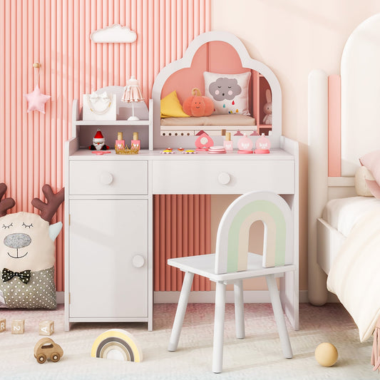 The kids vanity set placed in a bedroom with pink walls and a soft rug