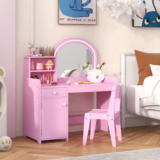 Pink kids vanity table and chair set with mirror and accessories on top