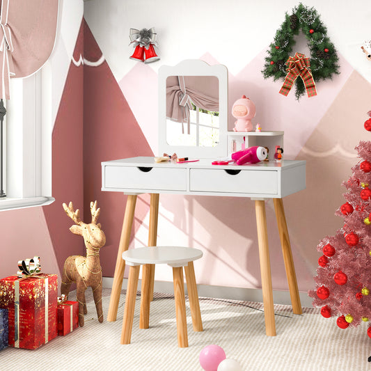 The vanity table and stool set in a decorated room with Christmas tree and presents
