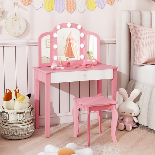 The pink kids vanity desk with lights and mirror in a child's bedroom setting
