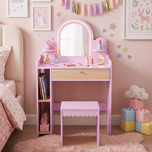 The kids vanity set placed in a decorated bedroom next to a bed with a fluffy rug on the floor