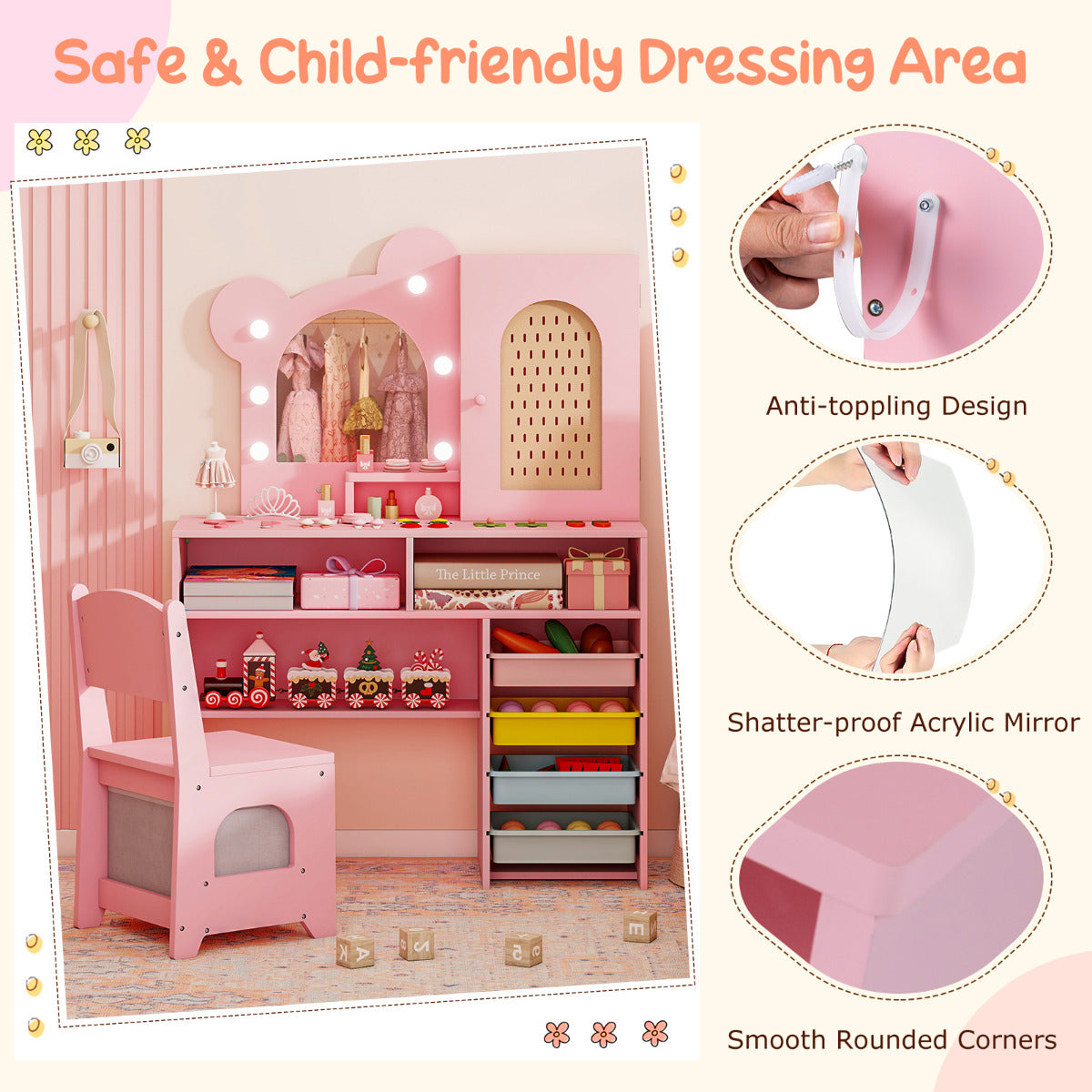 Close up of the pink dressing table with lights, showing safety features